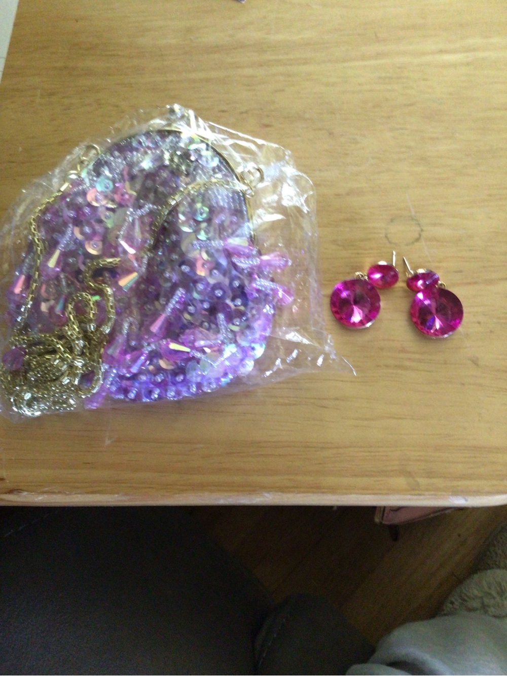 Purple Sequin Crossbody Evening Bag with Gold Chain Along With Hot Pink Pierced